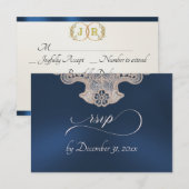 Monogram, Lint & Kant - Donkerblauw RSVP Kaartje (Voorkant / Achterkant)