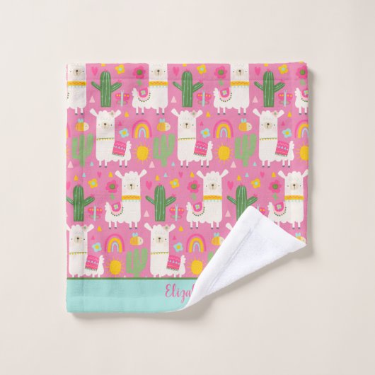 Monogram Llamas Rainbows Green Cactus Pink Girly Bad Handdoek (Wasdoekje)