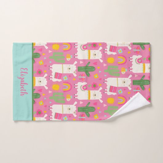 Monogram Llamas Rainbows Green Cactus Pink Girly Bad Handdoek (Handdoek)