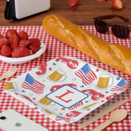 Monogram Lobster Beer Flag Star Papieren Bordje (Picknick)