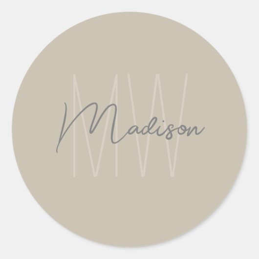 Monogram Logo Beige Modern Minimalist Ronde Sticker (Voorkant)