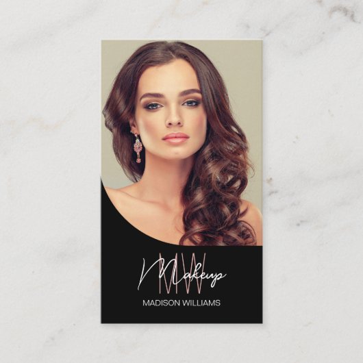 Monogram Logo Foto Make-up Artiest Zwart Visitekaartje (Voorkant)
