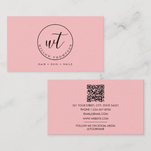 Monogram Logo Minimalistische Blush Roze Sjabloon Visitekaartje (Voorkant / Achterkant)