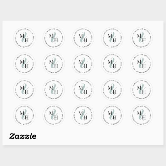 Monogram Logo Weduwkeeradres Ronde Sticker (Vel)