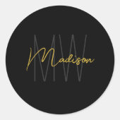 Monogram Logo Zwart Goud Modern Minimalistisch Ronde Sticker (Voorkant)