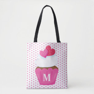 Monogram Love Hearts Cupcake Polka Dot Valentijns Tote Bag