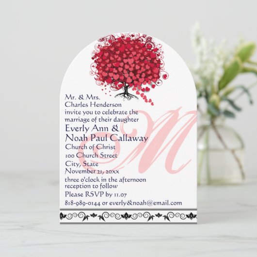 Monogram Love Tree Square Weddenschap Kaart (Staand voorkant)