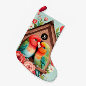 Monogram Lovebird Paar Vogelhuis & Hart Pastel Kleine Kerstsok (Voorkant (Hangend))