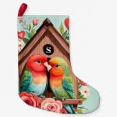 Monogram Lovebird Paar Vogelhuis & Hart Pastel Kleine Kerstsok (Voorkant)