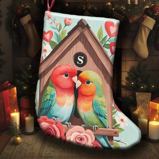 Monogram Lovebird Paar Vogelhuis & Hart Pastel Kleine Kerstsok