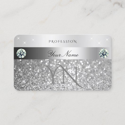 Monogram luchtig zilver glitter mousserende sterre visitekaartje (Voorkant)