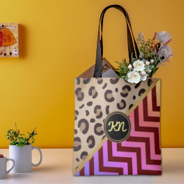 Monogram Luipaard Print Zigzag Chevron Two-Tone Tote Bag