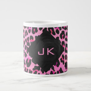 Monogram Luipaard Zwart en Hot Roze Print Grote Koffiekop