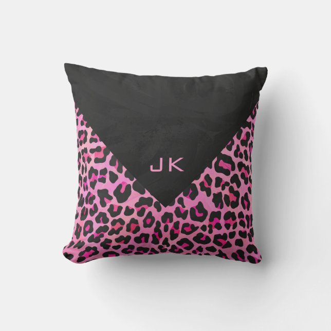 Monogram luipaard zwart-wit en warmroze afdrukken kussen (Voorkant)