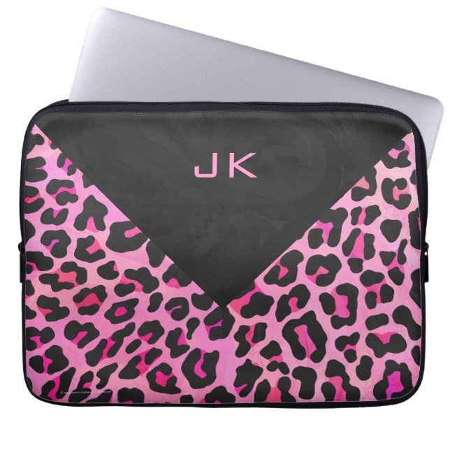 Monogram luipaard zwart-wit en warmroze afdrukken laptop sleeve (Voorkant)