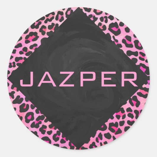 Monogram luipaard zwart-wit en warmroze afdrukken ronde sticker (Voorkant)