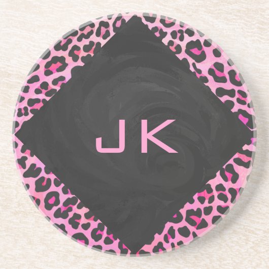 Monogram luipaard zwart-wit en warmroze afdrukken zandsteen onderzetter (Voorkant)