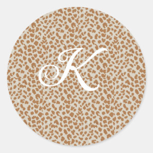 Monogram luipaardhuid lichtbruin patroon naam laat ronde sticker