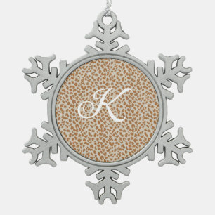 Monogram luipaardhuid lichtbruin patroon naam laat tin sneeuwvlok ornament