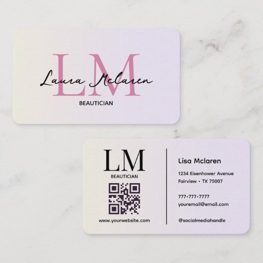 Monogram Luxe Aesthetics Roze Pastels QR Code Visitekaartje (Voorkant / Achterkant)