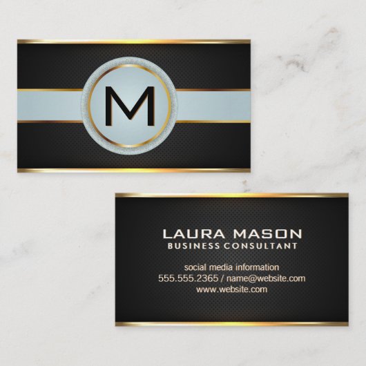 Monogram Luxe Gouden Metallic Banner Zwarte Mesh Visitekaartje (Voorkant / Achterkant)