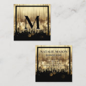 Monogram luxe gouden zwarte achtergrond vierkante visitekaartje (Voorkant / Achterkant)