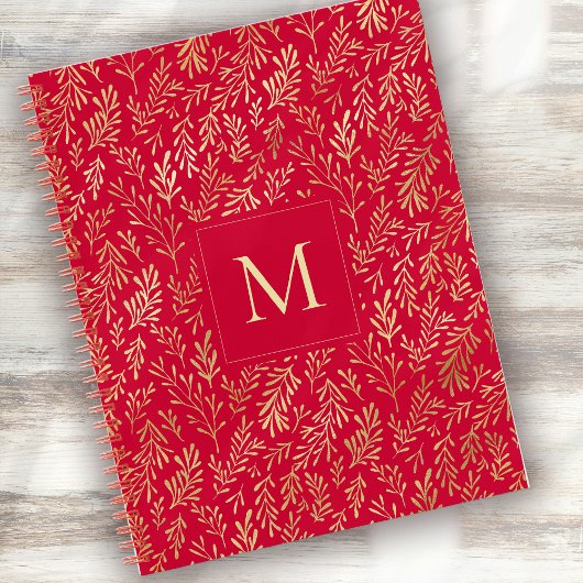 Monogram luxe rood bladgoud patroon feestelijk notitieboek