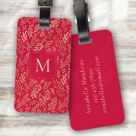 Monogram Luxe Rood Goud Blad Patroon Festief Bagagelabel