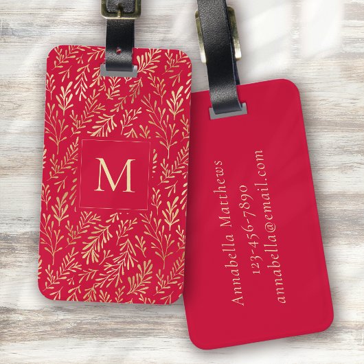 Monogram Luxe Rood Goud Blad Patroon Festief Bagagelabel