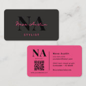 Monogram Luxe Trendy Aesthetic Hot Pink QR Code Visitekaartje (Voorkant / Achterkant)