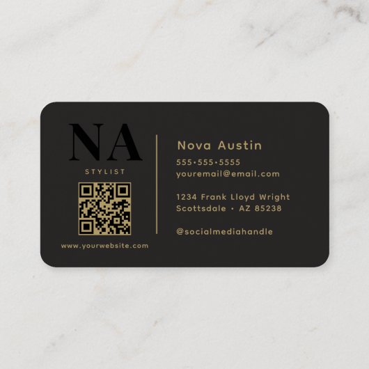 Monogram Luxe Trendy Esthetisch Goud Zwart QR Code Visitekaartje (Achterkant)
