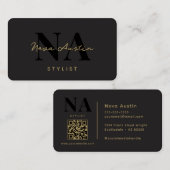Monogram Luxe Trendy Esthetisch Goud Zwart QR Code Visitekaartje (Voorkant / Achterkant)