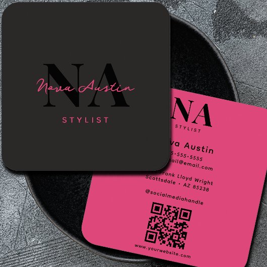Monogram Luxe Trendy Esthetisch Lichtroze QR-code Vierkante Visitekaartje