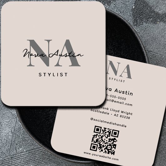 Monogram Luxe Trendy Esthetische Blush Roze QR Cod Vierkante Visitekaartje