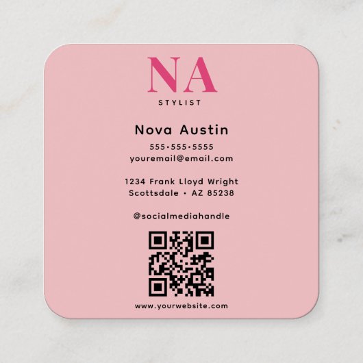Monogram Luxe Trendy Esthetische Heet Roze QR Code Vierkante Visitekaartje (Achterkant)