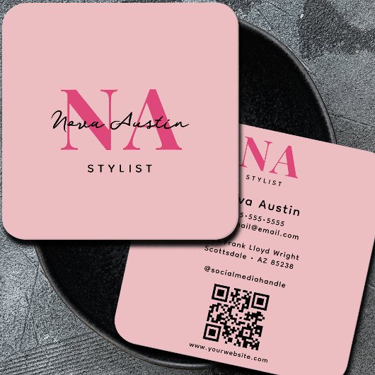 Monogram Luxe Trendy Esthetische Heet Roze QR Code Vierkante Visitekaartje