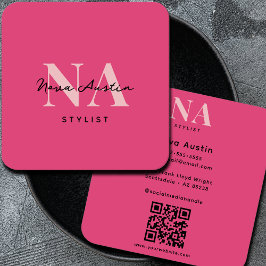 Monogram Luxe Trendy Esthetische Heet Roze QR Code Vierkante Visitekaartje