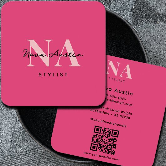 Monogram Luxe Trendy Esthetische Heet Roze QR Code Vierkante Visitekaartje