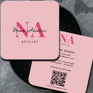 Monogram Luxe Trendy Esthetische Hot Pink QR-code Vierkante Visitekaartje