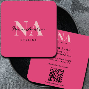 Monogram Luxe Trendy Esthetische Hot Pink QR-code Vierkante Visitekaartje