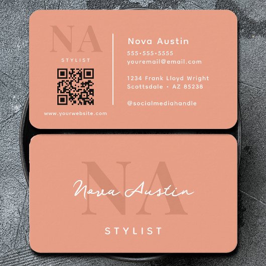 Monogram Luxe Trendy Esthetische Koraalroze QR Cod Visitekaartje