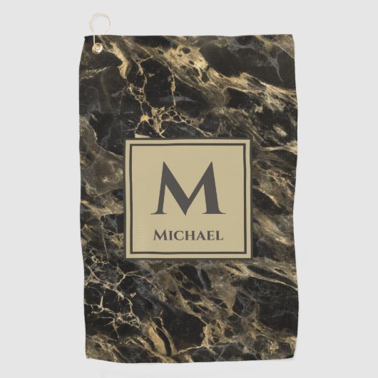 Monogram Luxe Zwart en Goud Marmer Golfhanddoek (Voorkant)