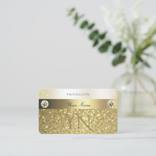 Monogram Luxurie Gold Glitter Sparkelende Stars Visitekaartje (Staand voorkant)