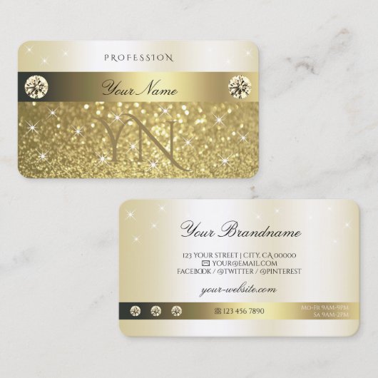 Monogram Luxurie Gold Glitter Sparkelende Stars Visitekaartje (Voorkant / Achterkant)