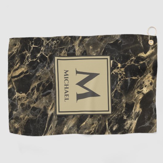 Monogram Luxury Black en Gold Marble Golfhanddoek (Horizontaal)