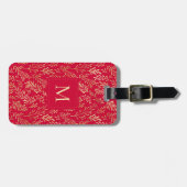 Monogram Luxury Red Gold Leaf Pattern Festive Bagagelabel (Voorkant horizontaal)