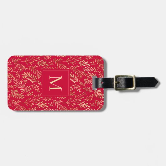 Monogram Luxury Red Gold Leaf Pattern Festive Bagagelabel (Voorkant horizontaal)