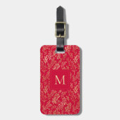 Monogram Luxury Red Gold Leaf Pattern Festive Bagagelabel (Voorkant verticaal)