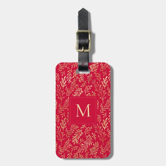 Monogram Luxury Red Gold Leaf Pattern Festive Bagagelabel (Voorkant verticaal)