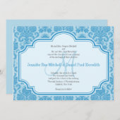 Monogram M Blue Damask Wedding Invitations Kaart (Voorkant / Achterkant)